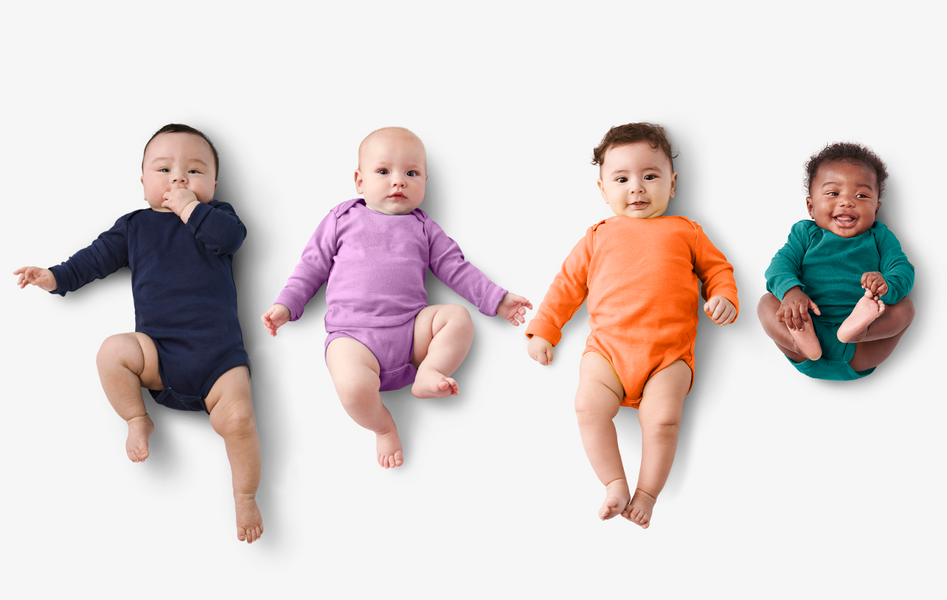 4 babies laying down wearing our signature long sleeve bodysuit in navy, purple, orange, and spruce.. 