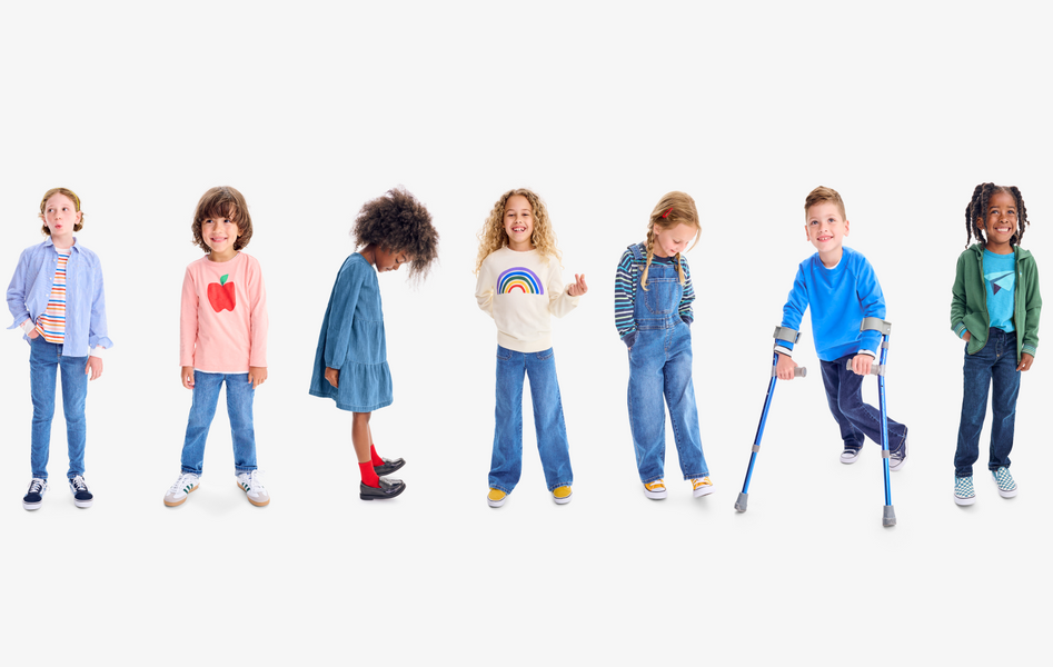 A line up of kids wearing our denim jeans and overalls part of our new fall collection