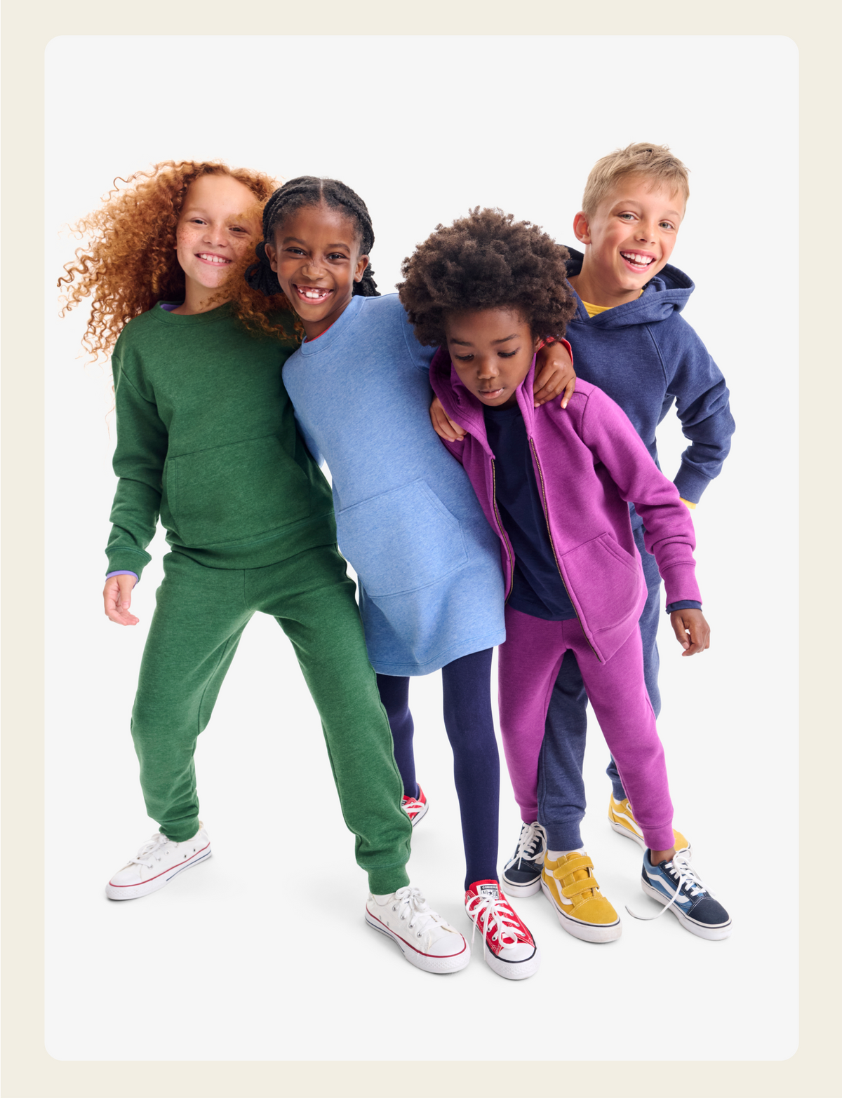 4 kids hugging wearing our cozy fleece styles