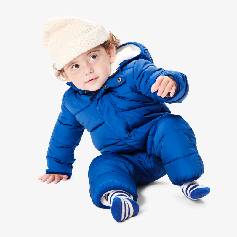 An image of a baby wearing a blue color parka puffer suit