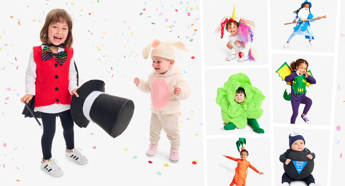 Child wearing a DIY magician costume consisting of a felt red vest and felt rainbow bow tie over black and white Primary base layers, accompanied by a baby wearing a DIY bunny costume consisting of a pink felt belly and felt bunny ears, over Primary base layers of cream. A film strip shows additional DIY costumes, including a child unicorn, baby bibb lettuce, child carrot, child wizard, child dragon, and baby magic 8 ball.