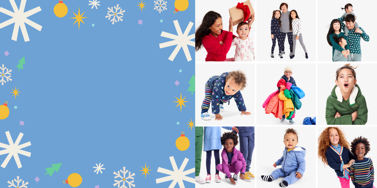 A grid of images showing family matching holiday PJs, puffers and more.