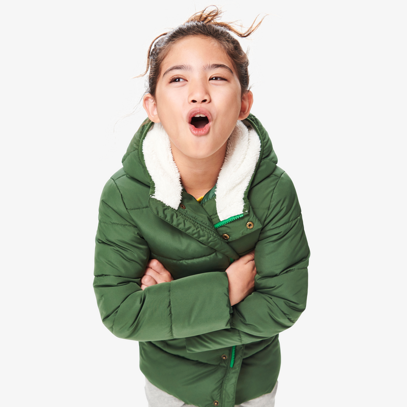 An image of a kid wearing a green color parka puffer jacket