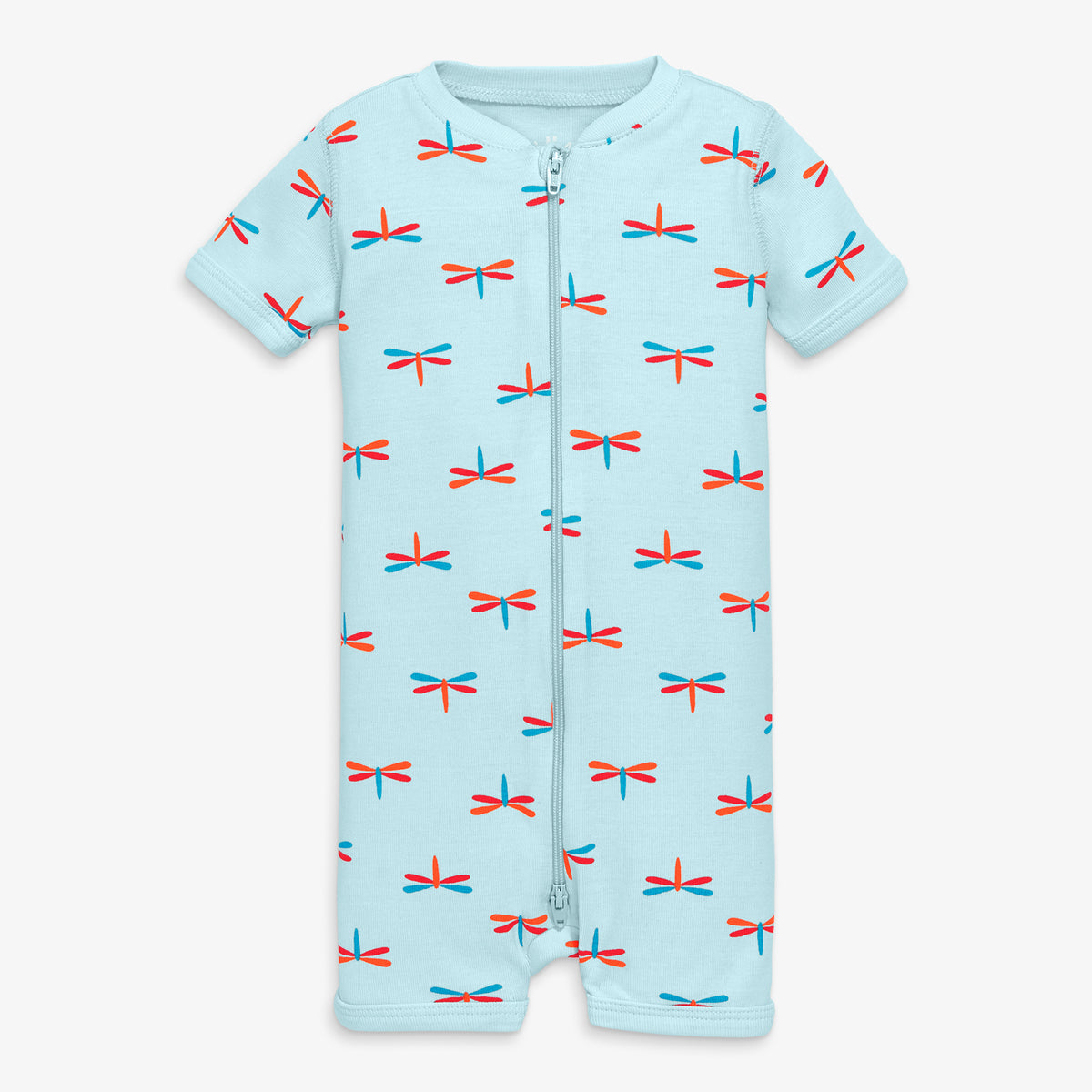 Organic short sleeve zip romper in dragonflies | Primary.com